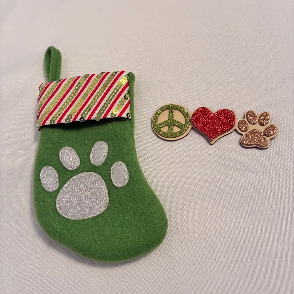 Pet Paw Mini Christmas Stocking & Peace Love Paw Glitter Magnet 2 Piece Set
